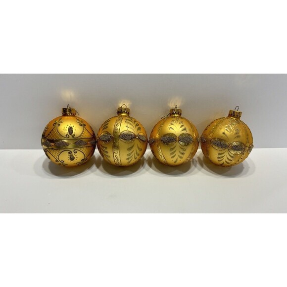 Vintage Gold Glass Ornaments Set of 4 Glitter Glitter Christmas Holiday Balls